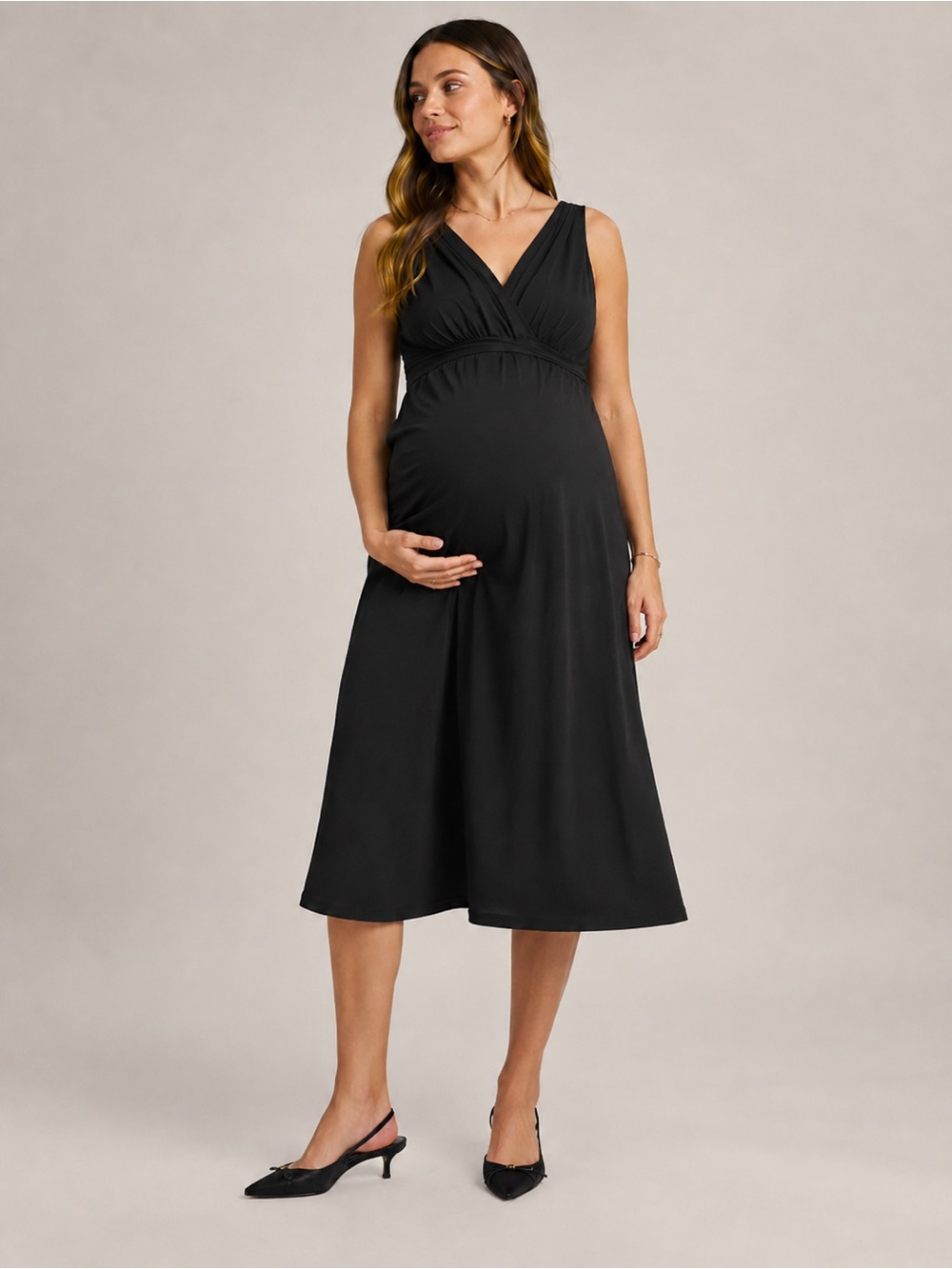 Mimi Maternity Black 100% Silk Empire Tie Back Midi Dress Size M Cocktail Formal